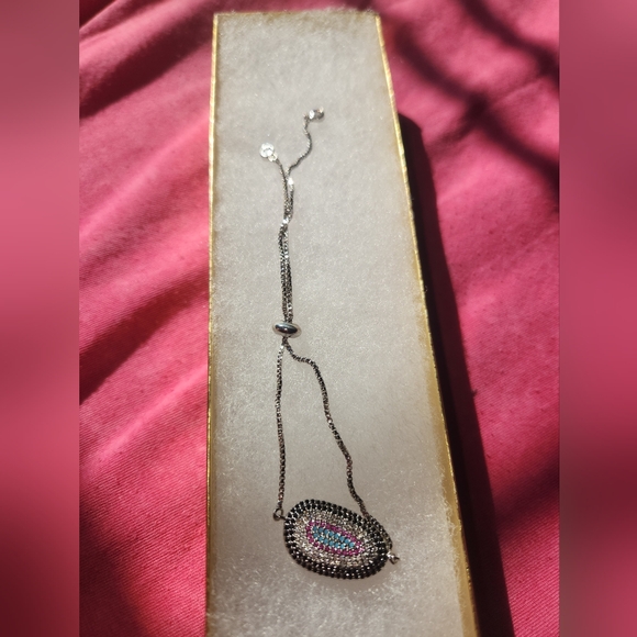 Silver Setting, Pink Blue Black & Crystal Sparkly Gemstones, Pulley Closure - Picture 5 of 5